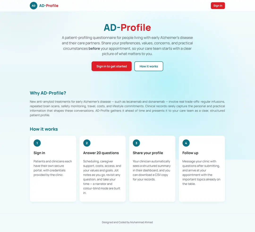 AD-Profile landing page explaining why the questionnaire exists and how it works in four steps