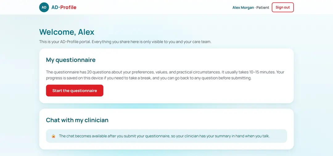 Patient portal before the questionnaire is started