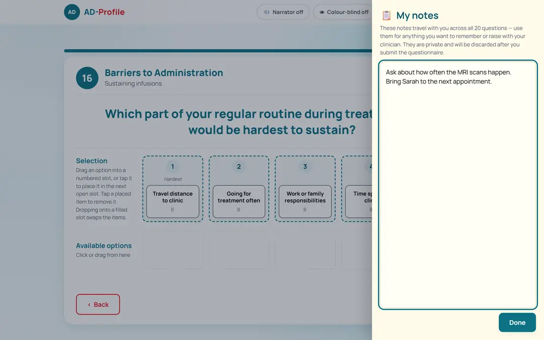 Questionnaire with the notes panel open for free-text comments
