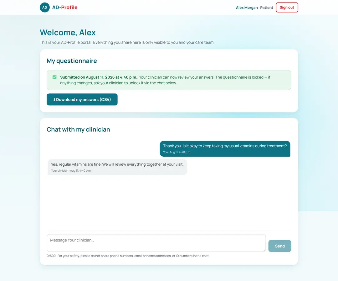 Patient portal after the questionnaire has been submitted