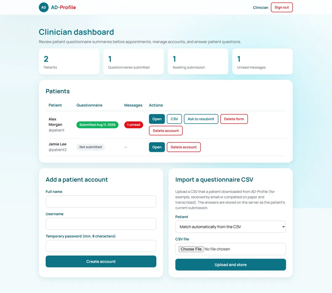 Clinician dashboard listing patients and their questionnaire status