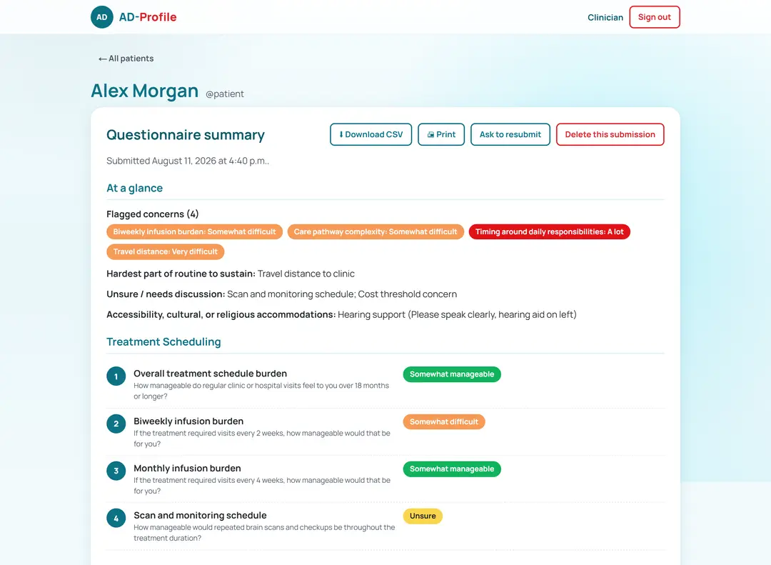 Clinician view of a single patient's profile and answers