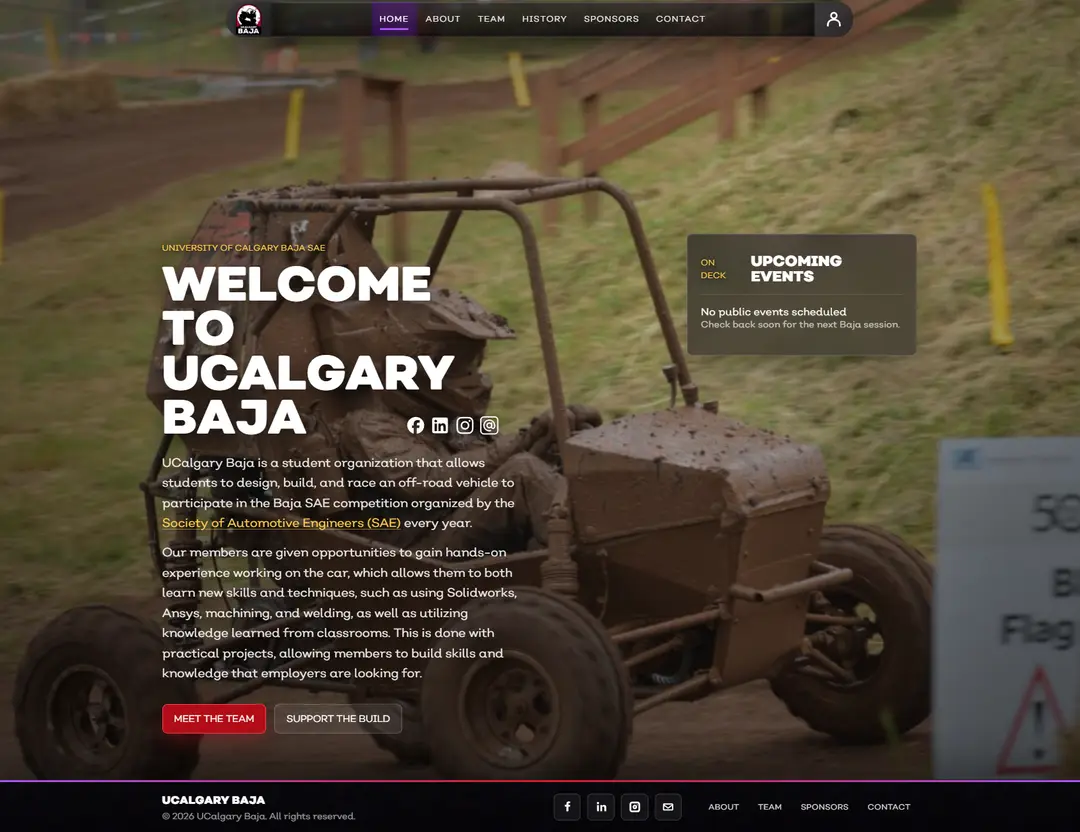 UCalgary Baja website homepage over a photo of the mud-covered car, with an upcoming events panel