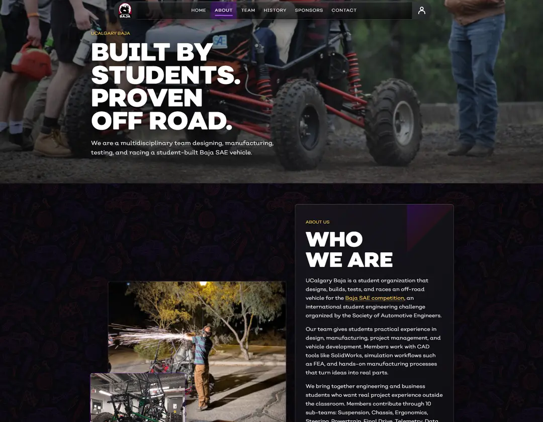 About page on the UCalgary Baja website