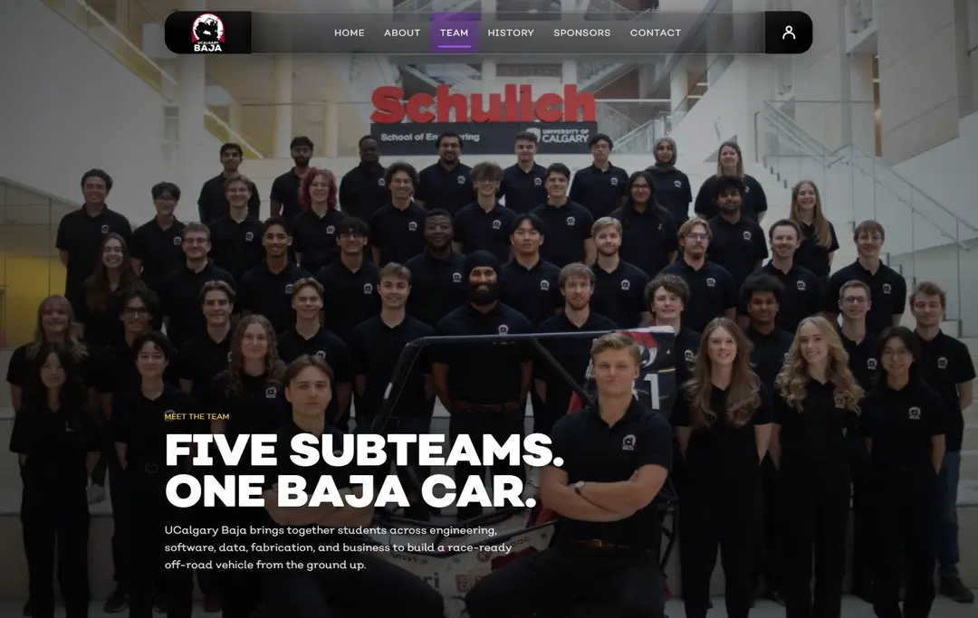 Team page headed Five subteams, one Baja car, over a full team photo