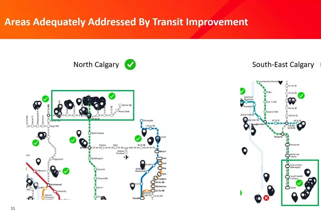 Slide showing areas in North and South-East Calgary adequately addressed by planned transit improvements