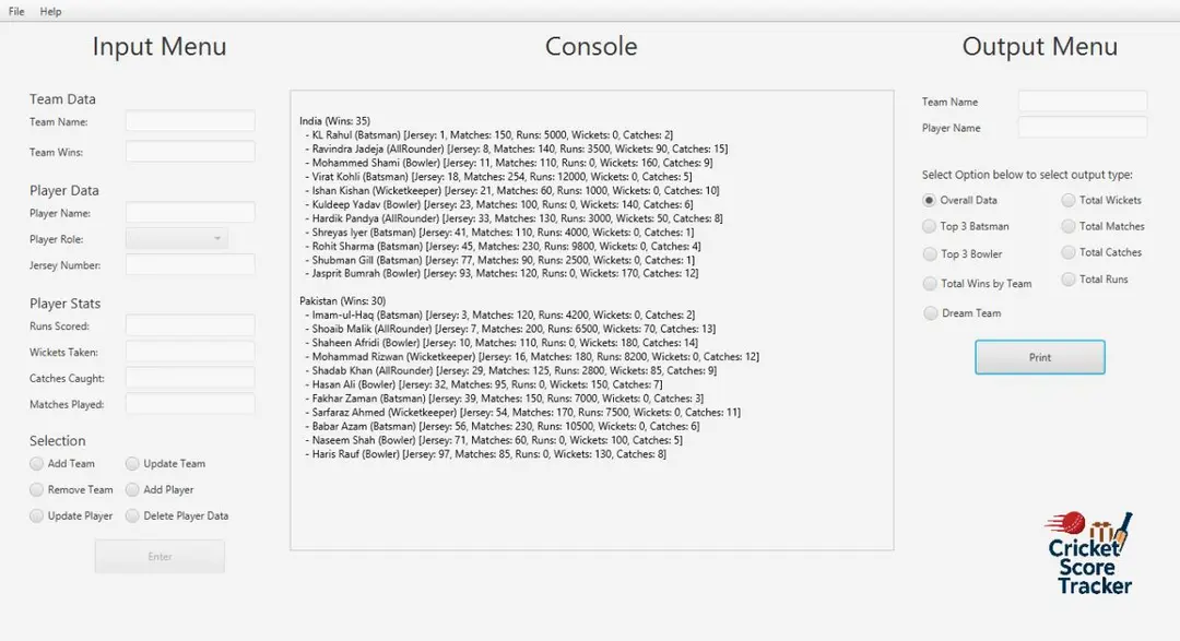 Cricket Score Tracker desktop app with input menus, a console of team rosters and output options