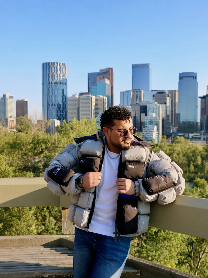 Editorial edit of Muhammad Ahmad leaning on a wooden railing in the open grey keyboard-key jacket, sunglasses on, looking aside, with the downtown Calgary skyline and summer trees behind.