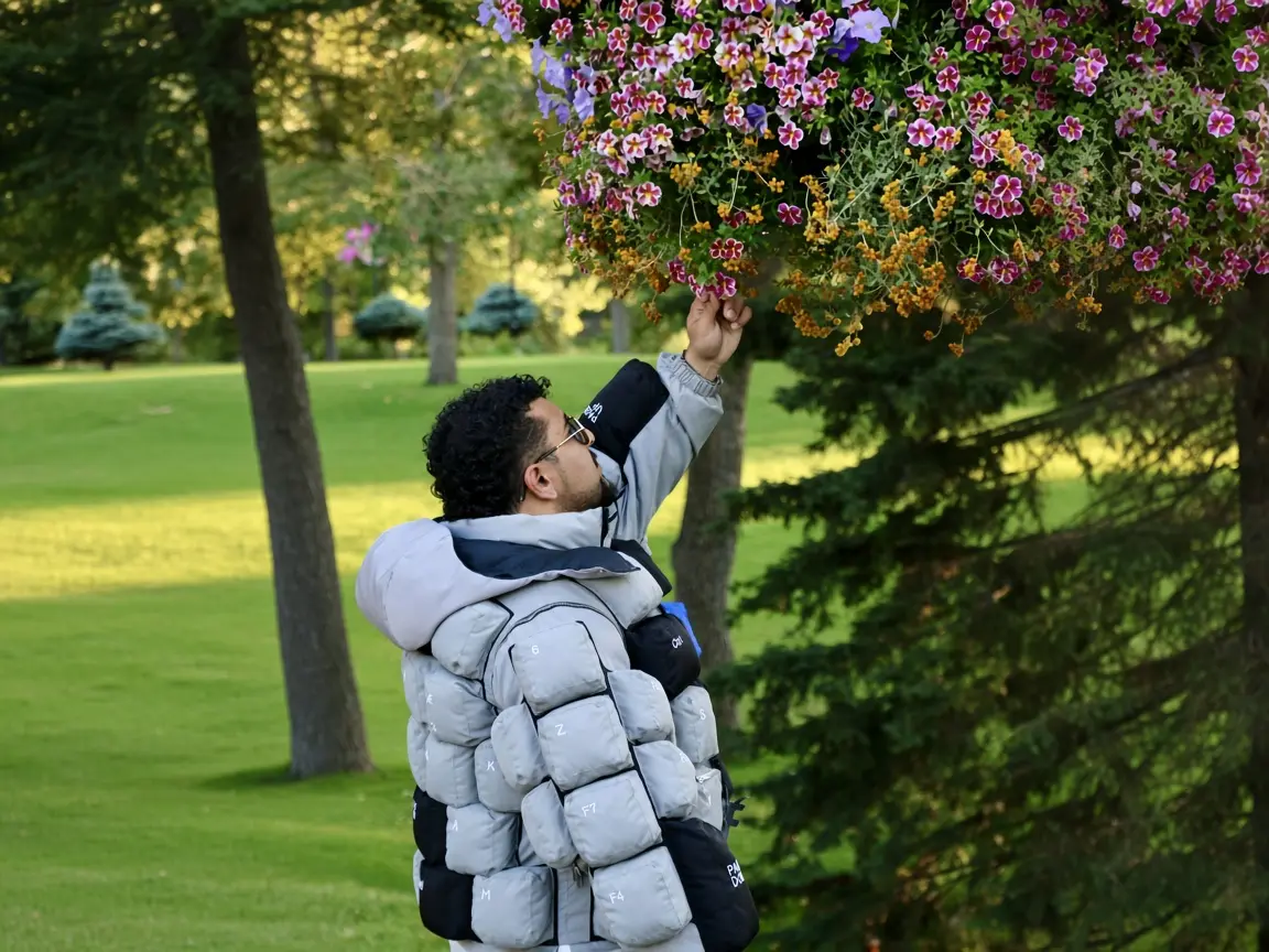 Editorial edit of Muhammad Ahmad, in the grey keyboard-key jacket with sunglasses on, reaching up with one hand to a hanging basket of pink, purple and orange flowers in a park; lawn, tall trees and evening light behind.