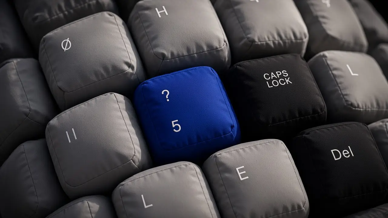 Art-directed macro of the keyboard jacket: quilted grey cloth keys lettered H, Ø, L, E and Del, with one cobalt key reading '? 5' at the centre.