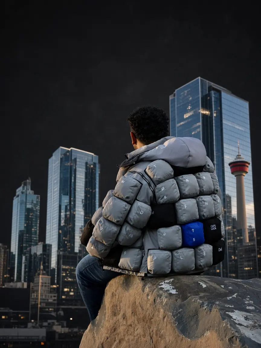 Seated on a rock in the keyboard jacket, back to the camera, with the Calgary skyline and tower behind.