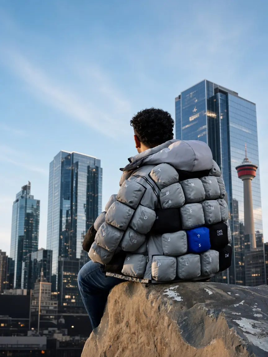 Seated on a rock in the keyboard jacket, back to the camera, with the Calgary skyline and a pale blue sky behind.