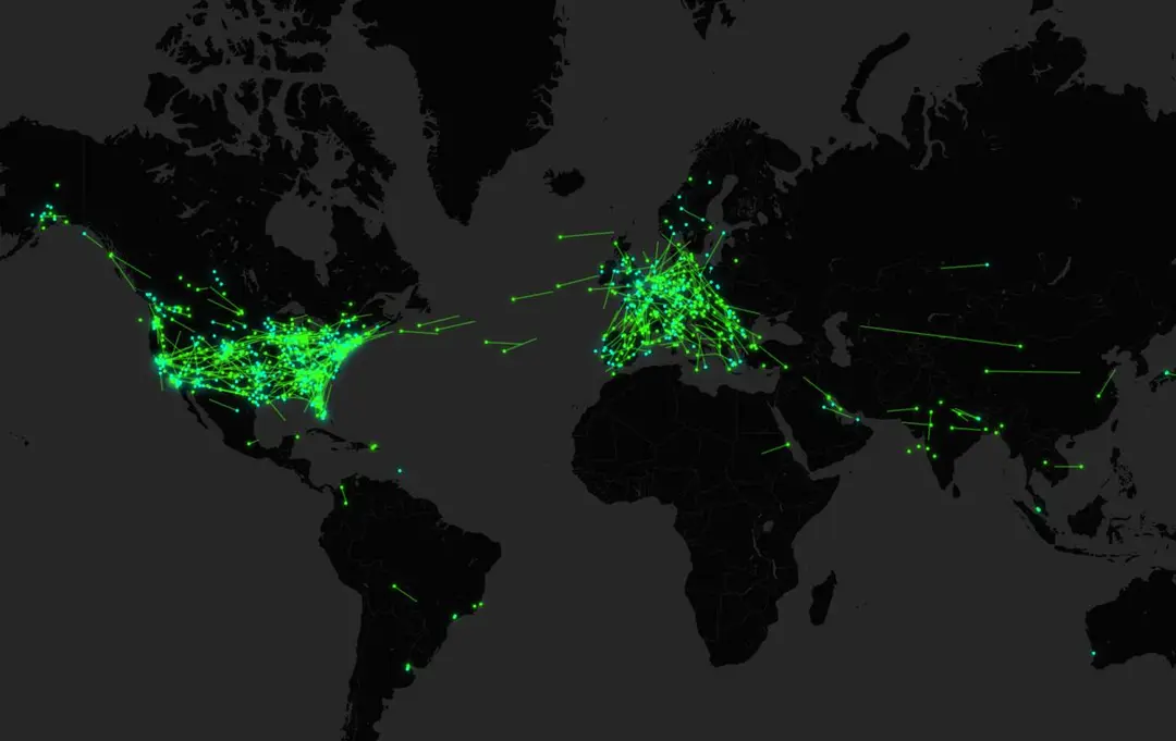 Flightonics world map with glowing neon flight paths streaking across a dark radar-style basemap
