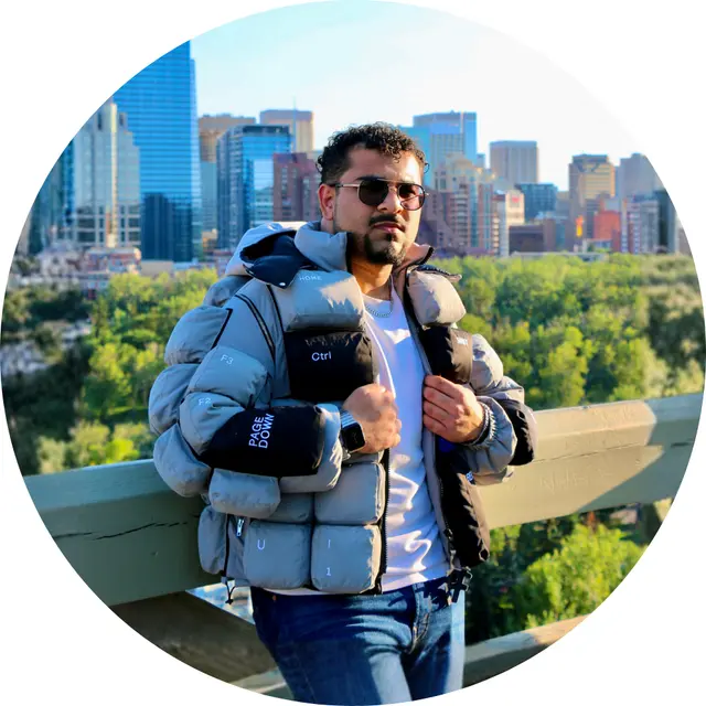 Muhammad Ahmad in Calgary wearing the keyboard-key jacket.