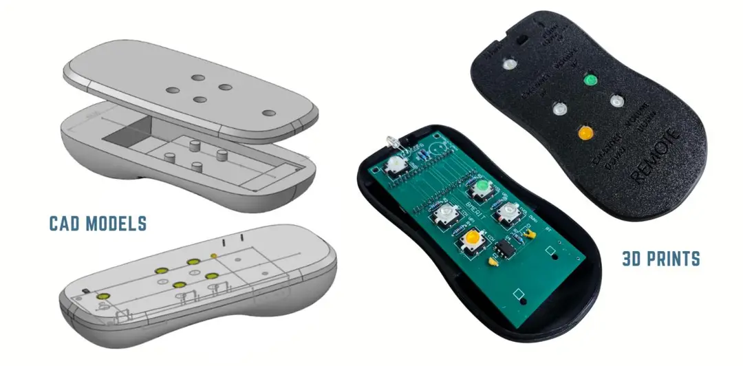 CAD model alongside the 3D-printed enclosure