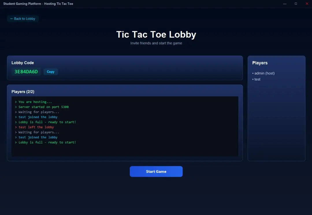 Hosting lobby showing the game code to share with an opponent