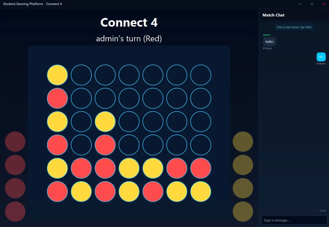Connect 4 match in the Student Gaming Platform with in-game chat beside the board