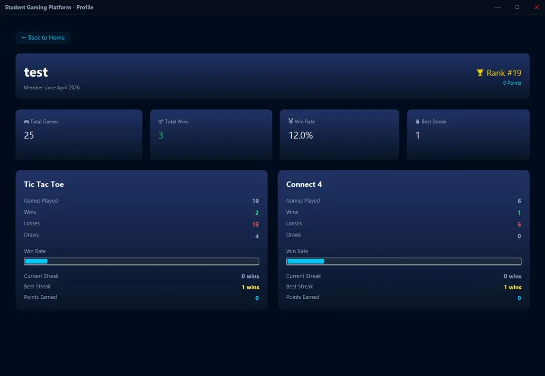 Player profile with game statistics