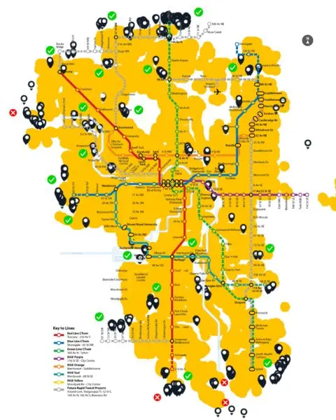 Calgary transit network overlaid with community access markers.