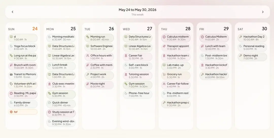 Week view with classes, study blocks and routines