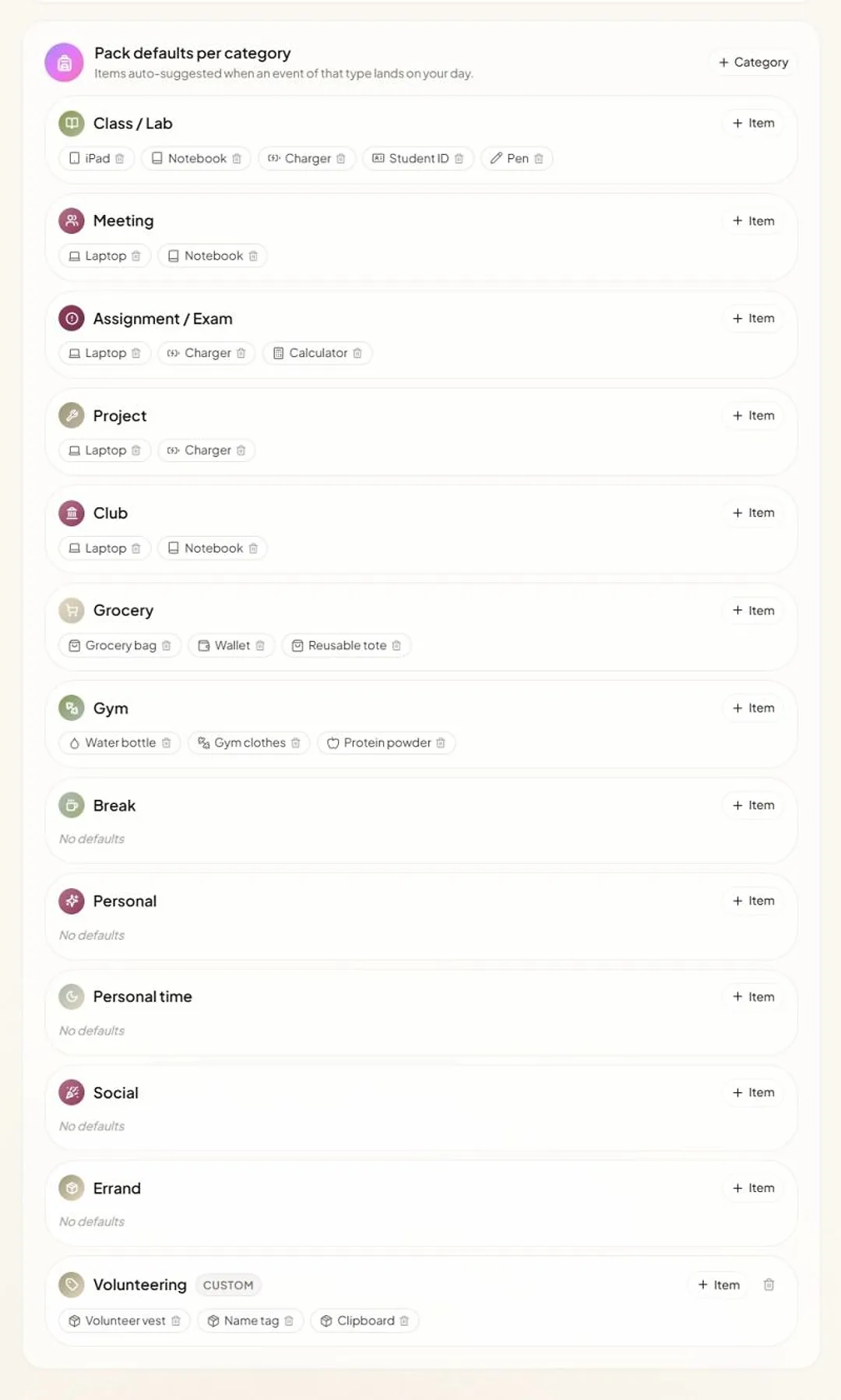 Packing defaults per event category, suggested automatically when that event lands on the day