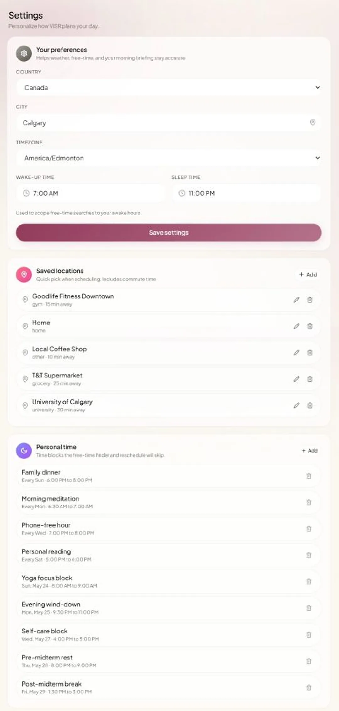 VISR settings screen