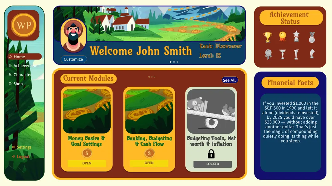 WealthPath home dashboard with the player's avatar and level, current modules and achievement badges