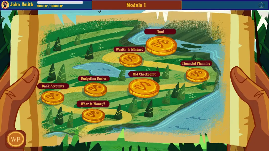 WealthPath Module 1 map with lessons laid out as gold coins along an illustrated trail