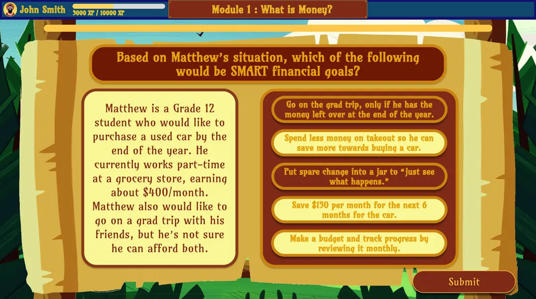 Quiz question asking which options are SMART financial goals for a student saving for a car