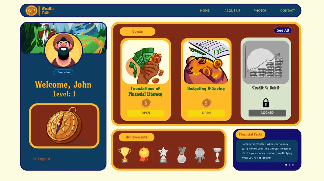 Earlier dashboard design with quests, achievements and a financial fact card